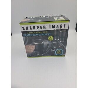 2 Sharper Image Stainless Steel Heated Travel Mug W/ Charger - Black New 14 Oz